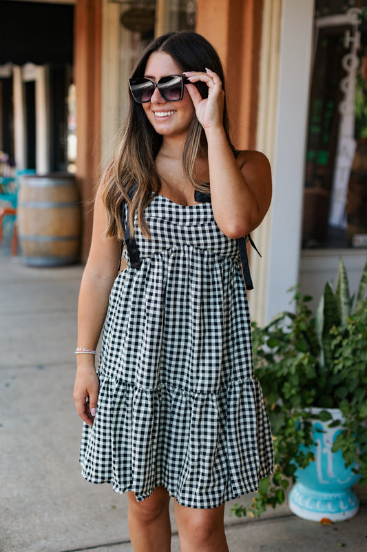 GINGHAM SHOULDER TIE DRESS