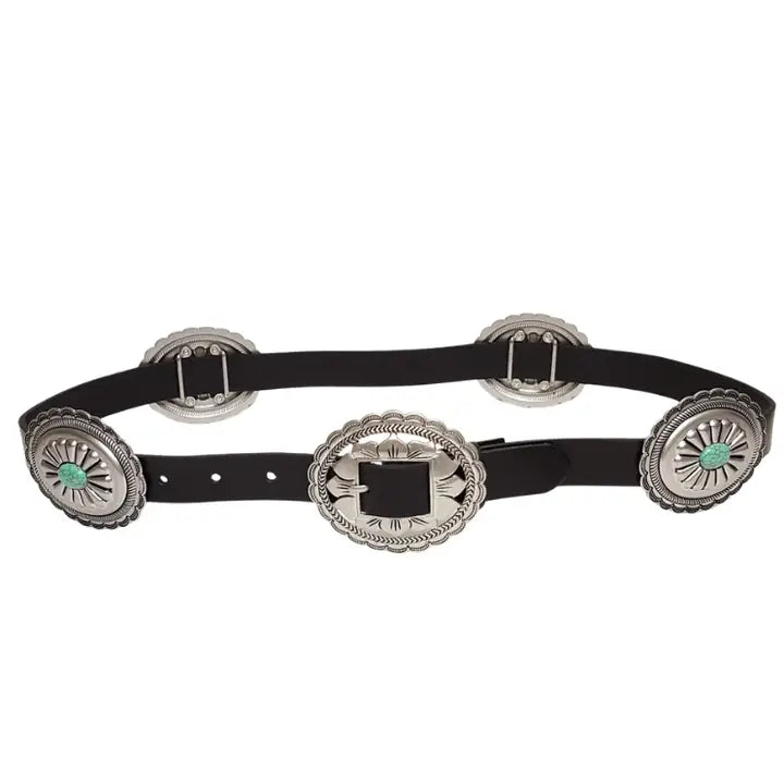 BLACK LEATHER FLORAL STONE CONCHO BELT