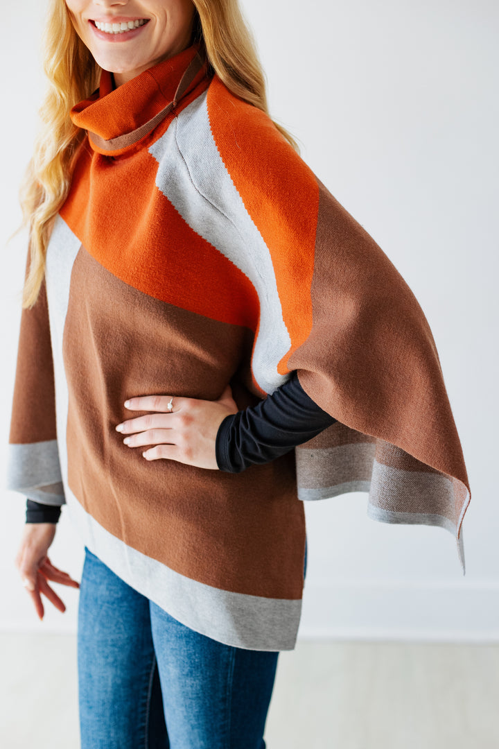 COLORBLOCK TURTLENECK KNIT PONCHO- HEATHER GREY
