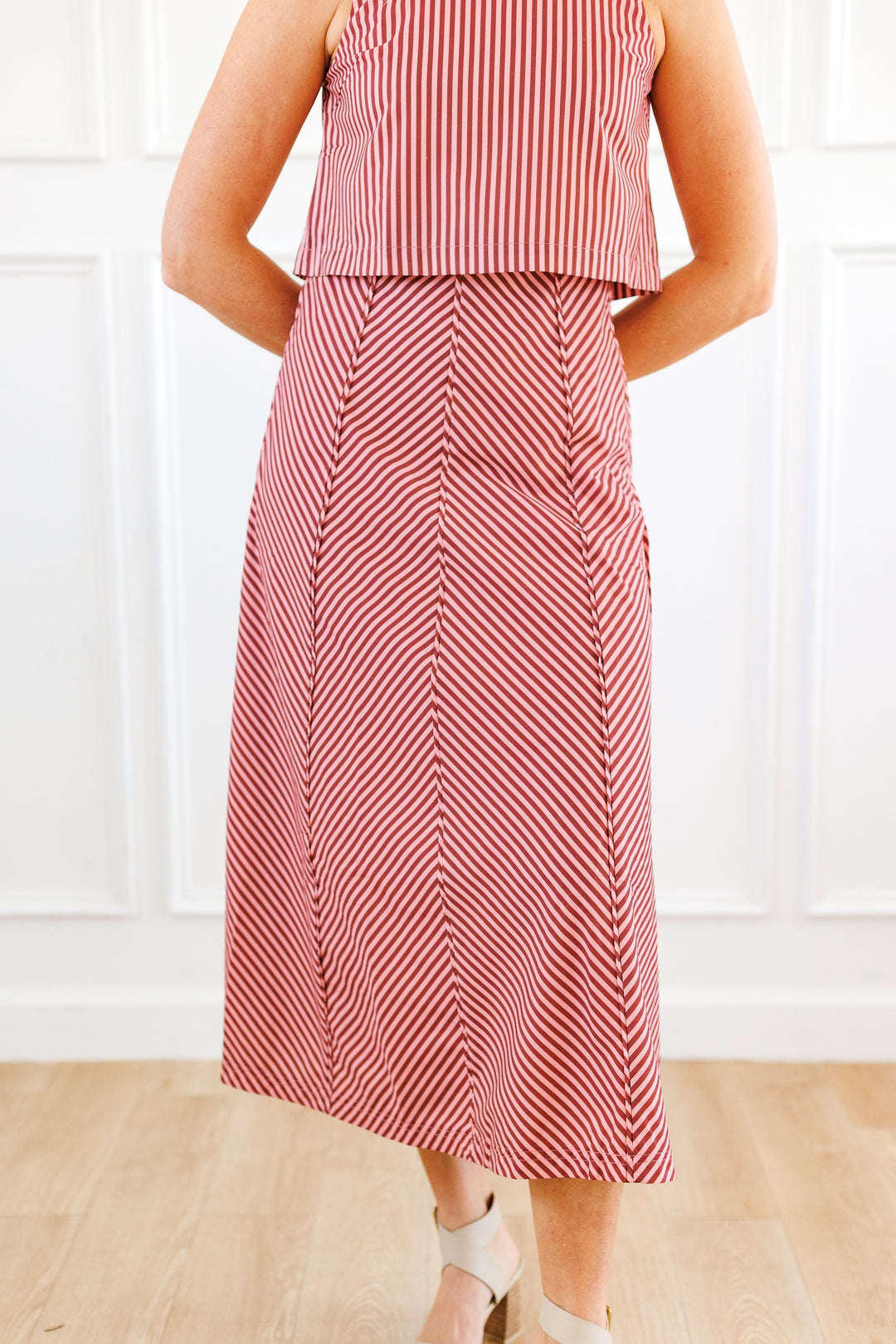 PINK &amp; BROWN STRIPE MIDI SKIRT