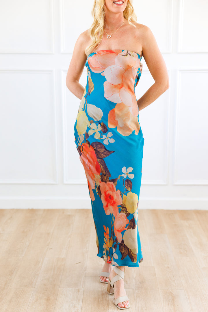 TEAL FLORAL SILKY DRAPE BACK MAXI DRESS