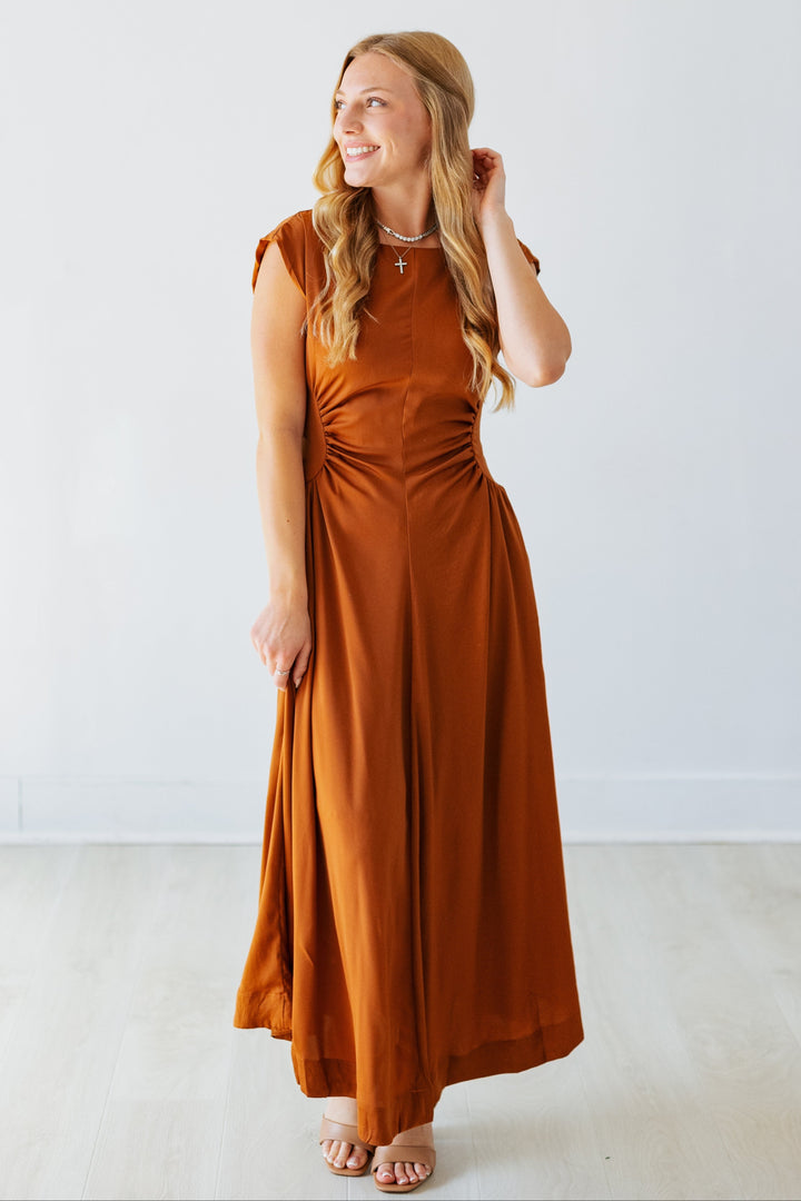 TERRACOTTA SATIN SIDE PANEL MIDI DRESS