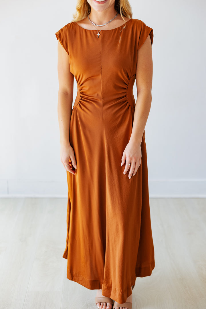 TERRACOTTA SATIN SIDE PANEL MIDI DRESS