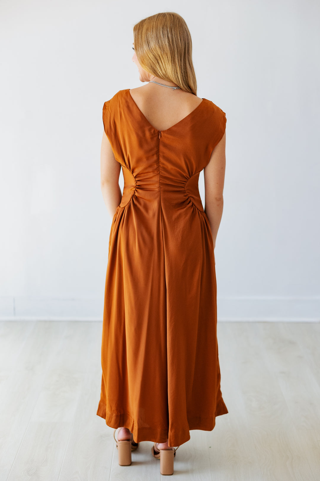 TERRACOTTA SATIN SIDE PANEL MIDI DRESS