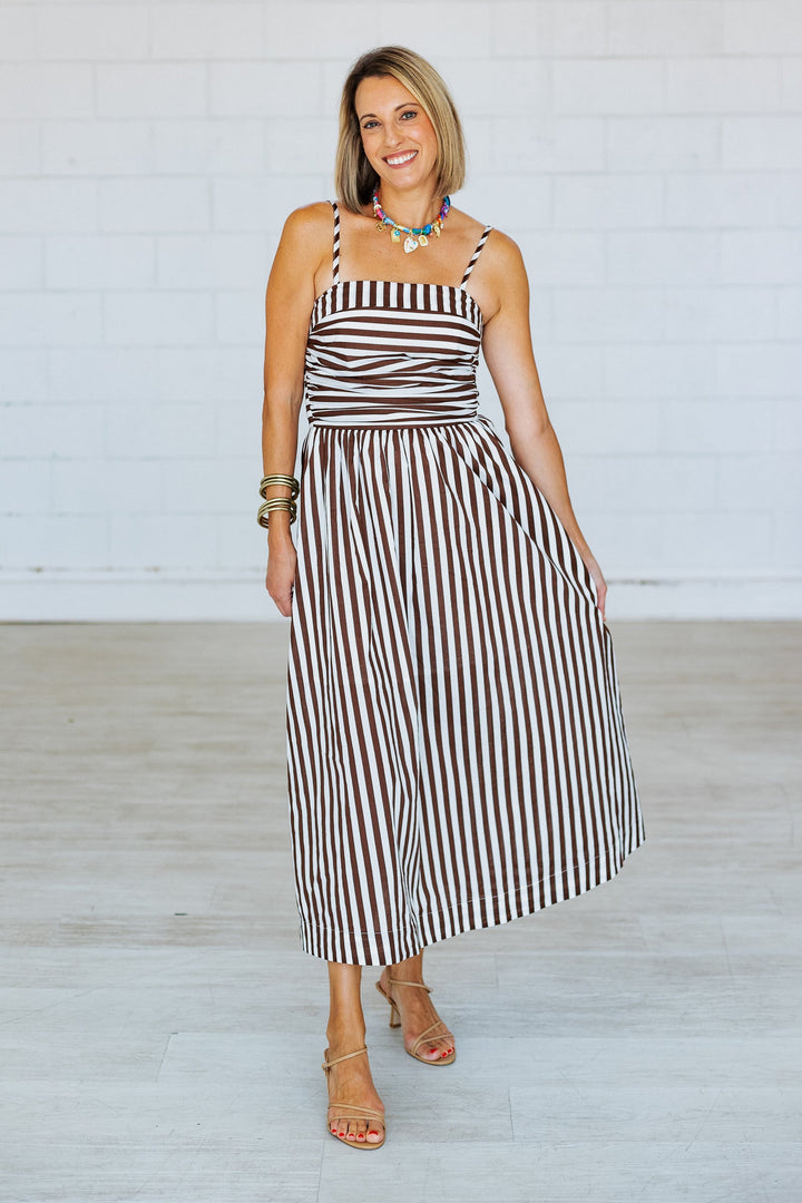 ESPRESSO STRIPED MIDI DRESS