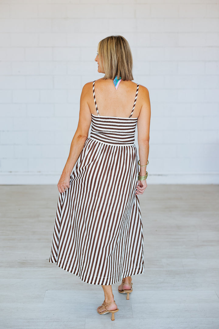 ESPRESSO STRIPED MIDI DRESS