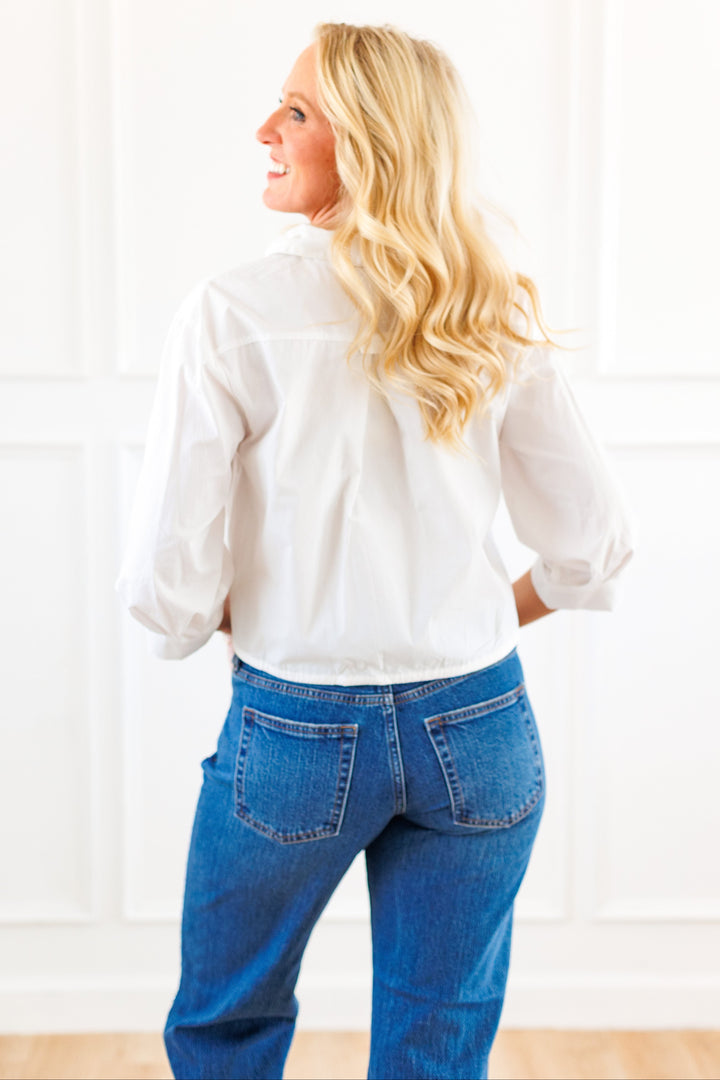 WHITE DRAWSTRING BUTTON FRONT BLOUSE