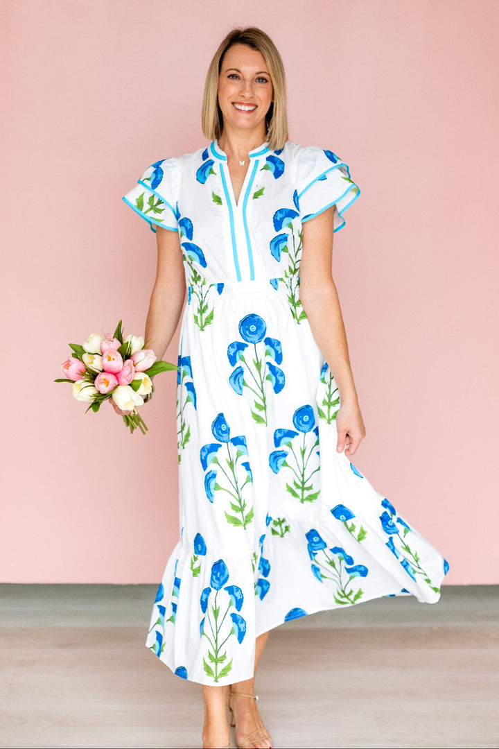 GREEN & BLUE BLOCK PRINT MIDI DRESS