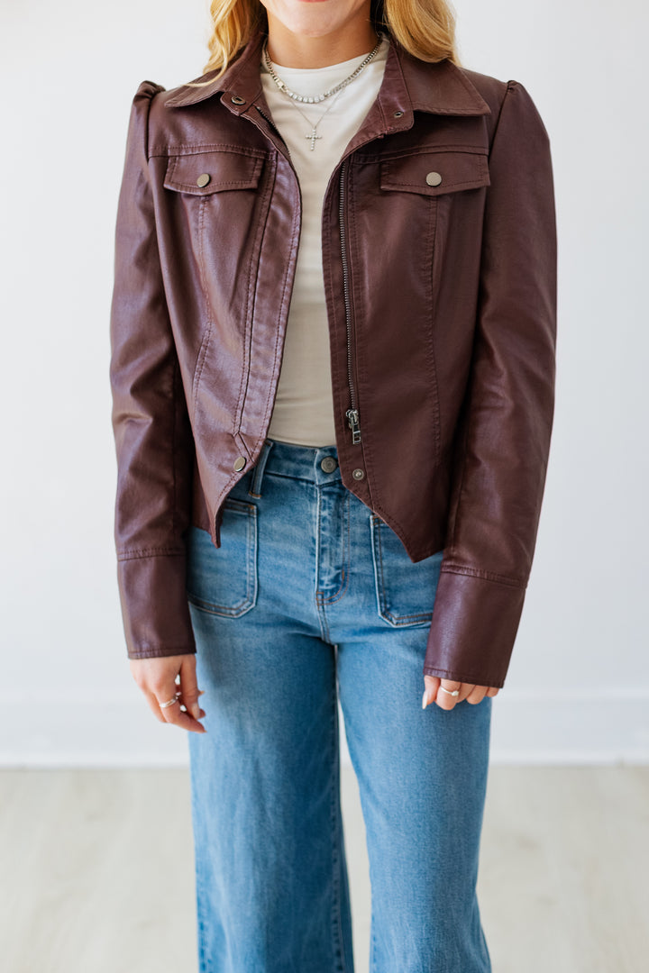DARK WINE FAUX LEATHER JACKET