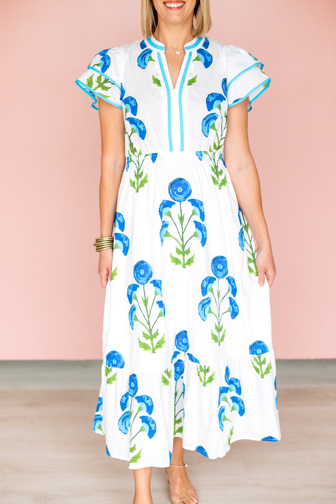 GREEN & BLUE BLOCK PRINT MIDI DRESS