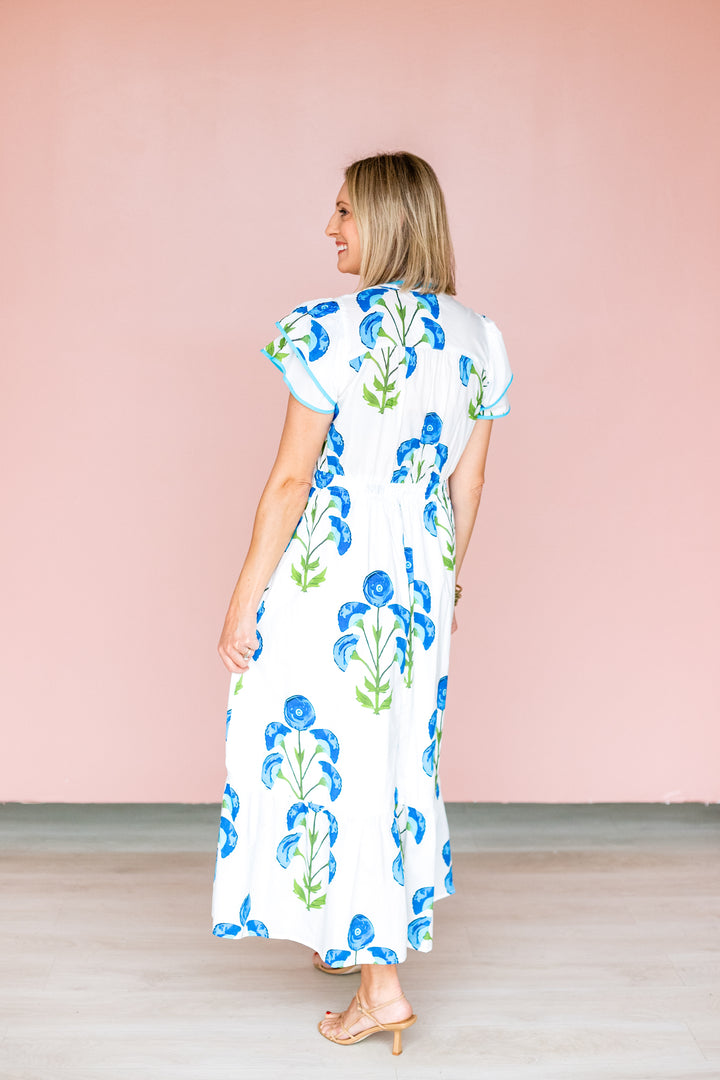 GREEN & BLUE BLOCK PRINT MIDI DRESS