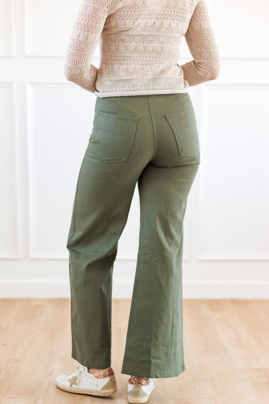 PLEATED FRONT WIDE LEG JEAN - OLIVE