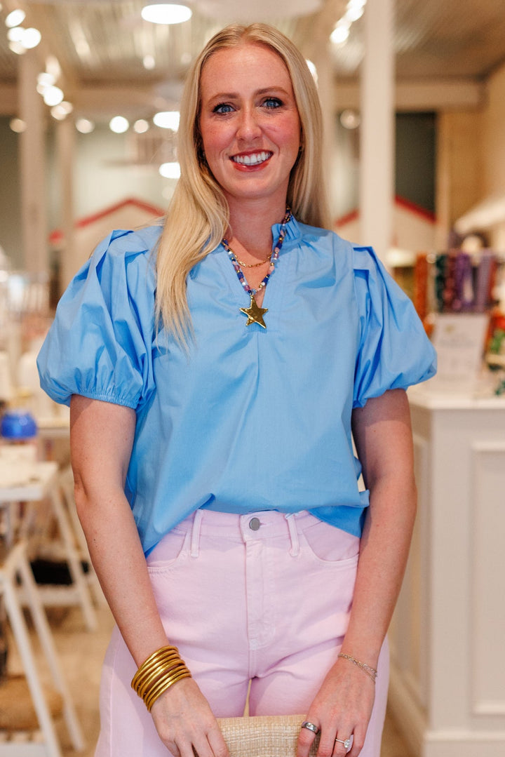 SHORTSLEEVE POPLIN BLOUSE- URBAN BLUE