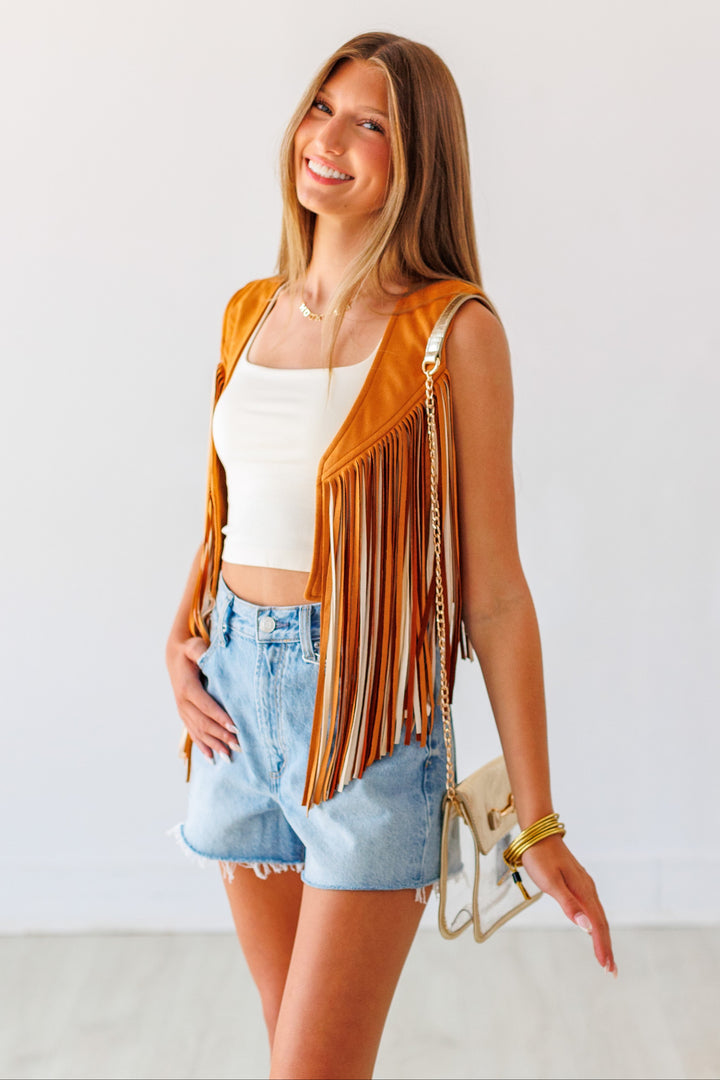 WESTERN SUEDE FRINGE VEST - CAMEL/CREAM