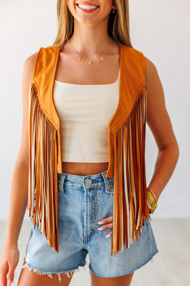 WESTERN SUEDE FRINGE VEST - CAMEL/CREAM