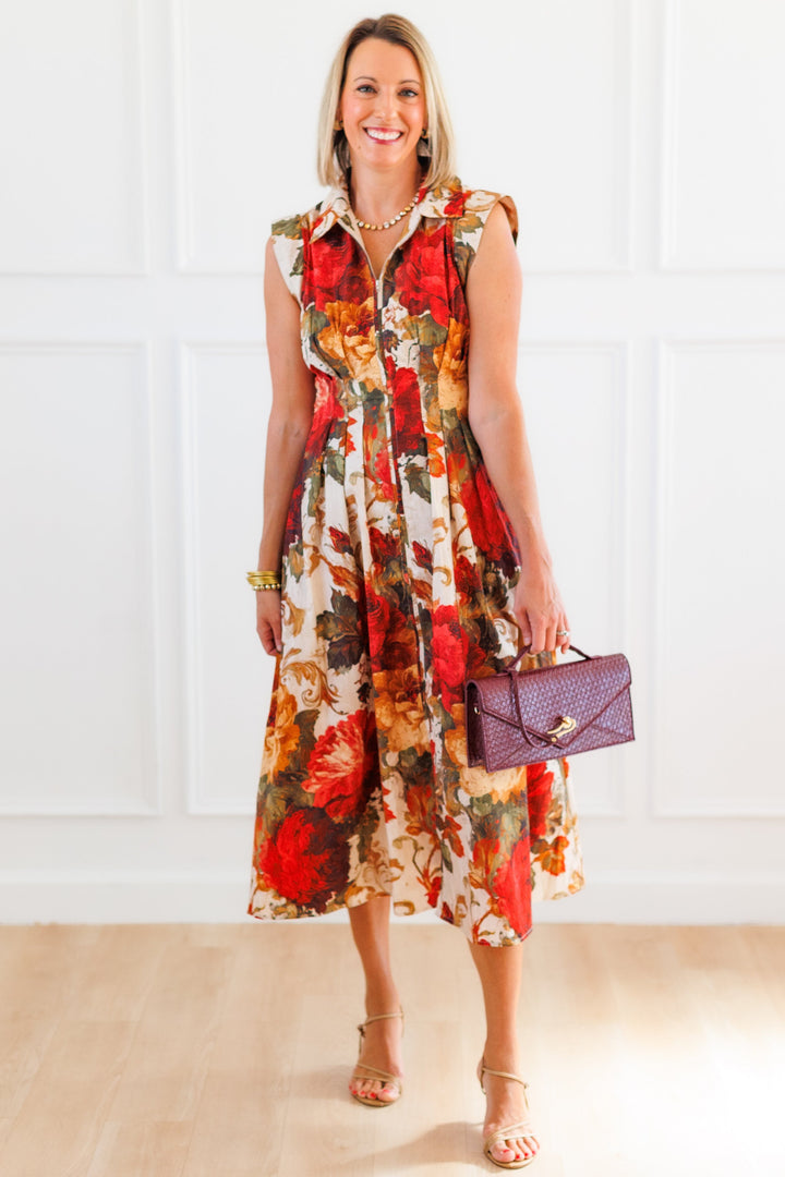 MULTI FLORAL SLEEVELESS MIDI DRESS