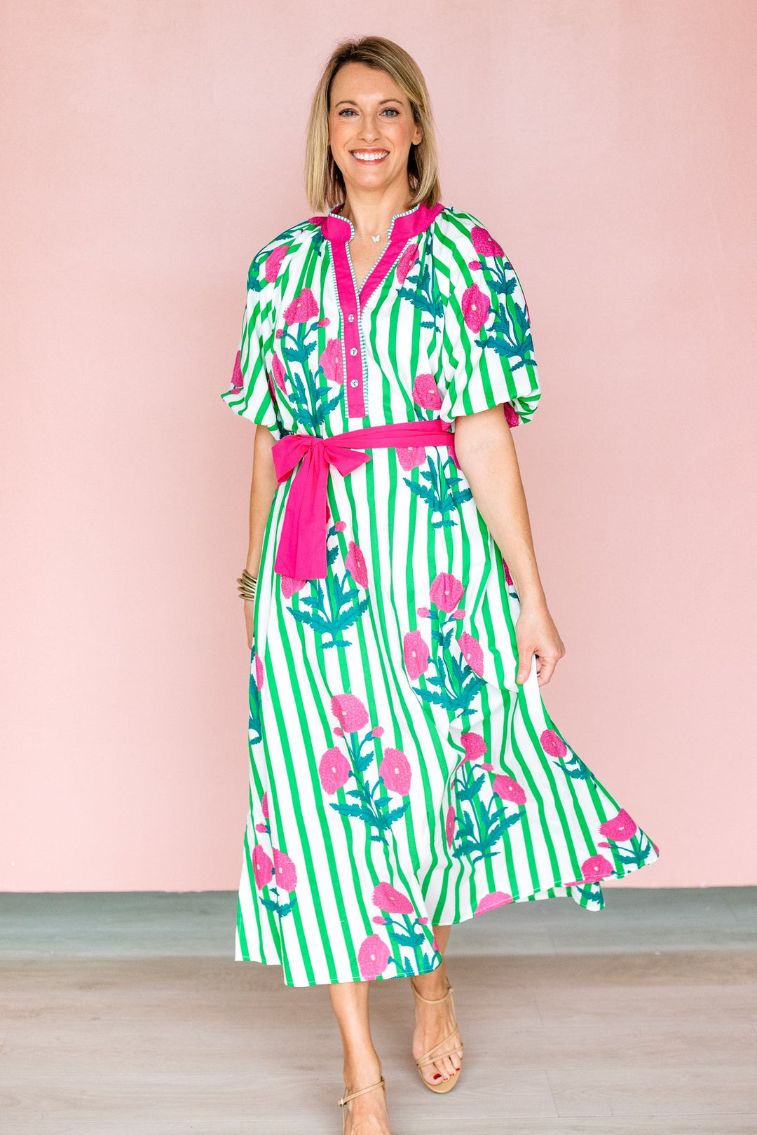 GREEN & PINK FLORAL STRIPE MIDI DRESS S GREEN & PINK FLORAL STRIPE MIDI DRESS S