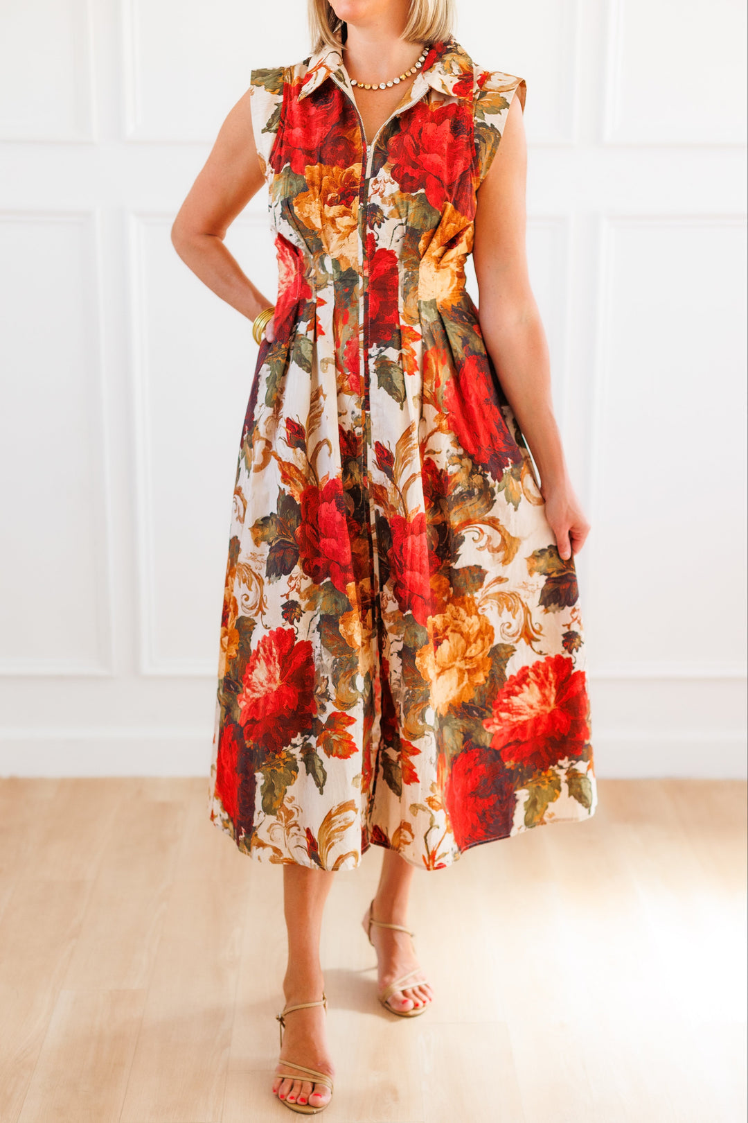 MULTI FLORAL SLEEVELESS MIDI DRESS