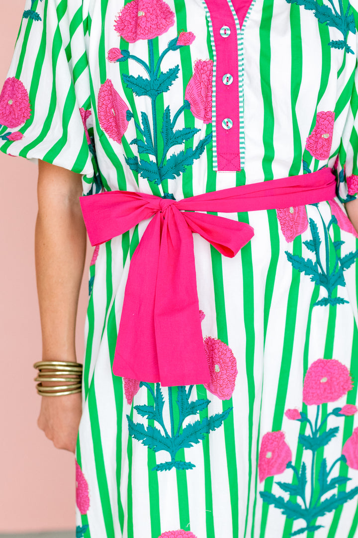 GREEN & PINK FLORAL STRIPE MIDI DRESS