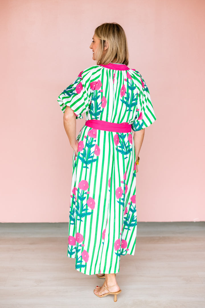 GREEN & PINK FLORAL STRIPE MIDI DRESS