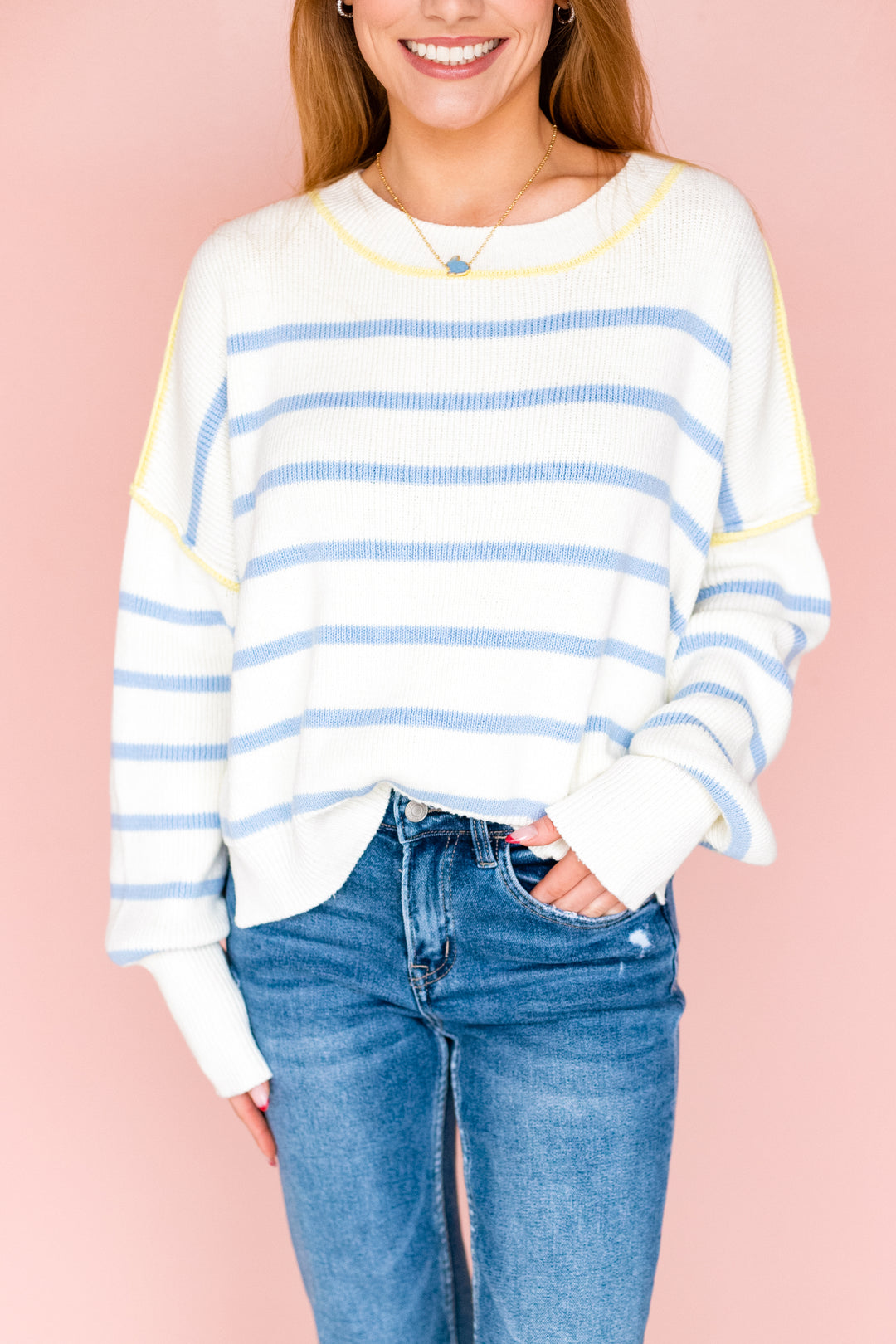BLUE & YELLOW CREWNECK STRIPE SWEATER