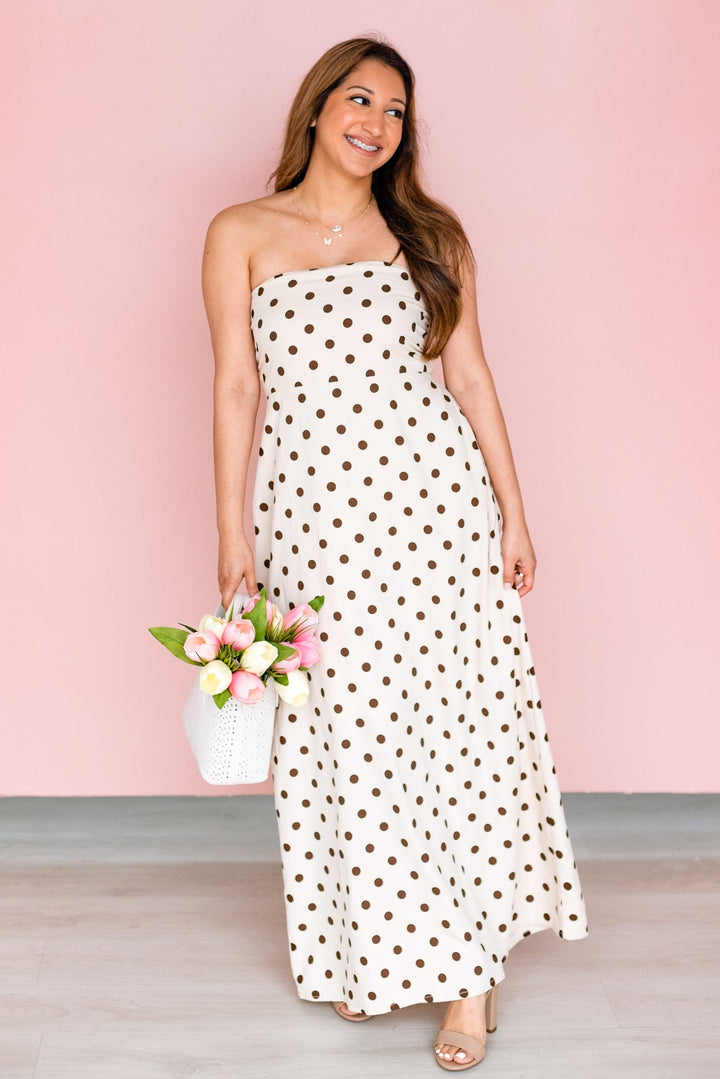 POLKA DOT STRAPLESS LINEN MAXI