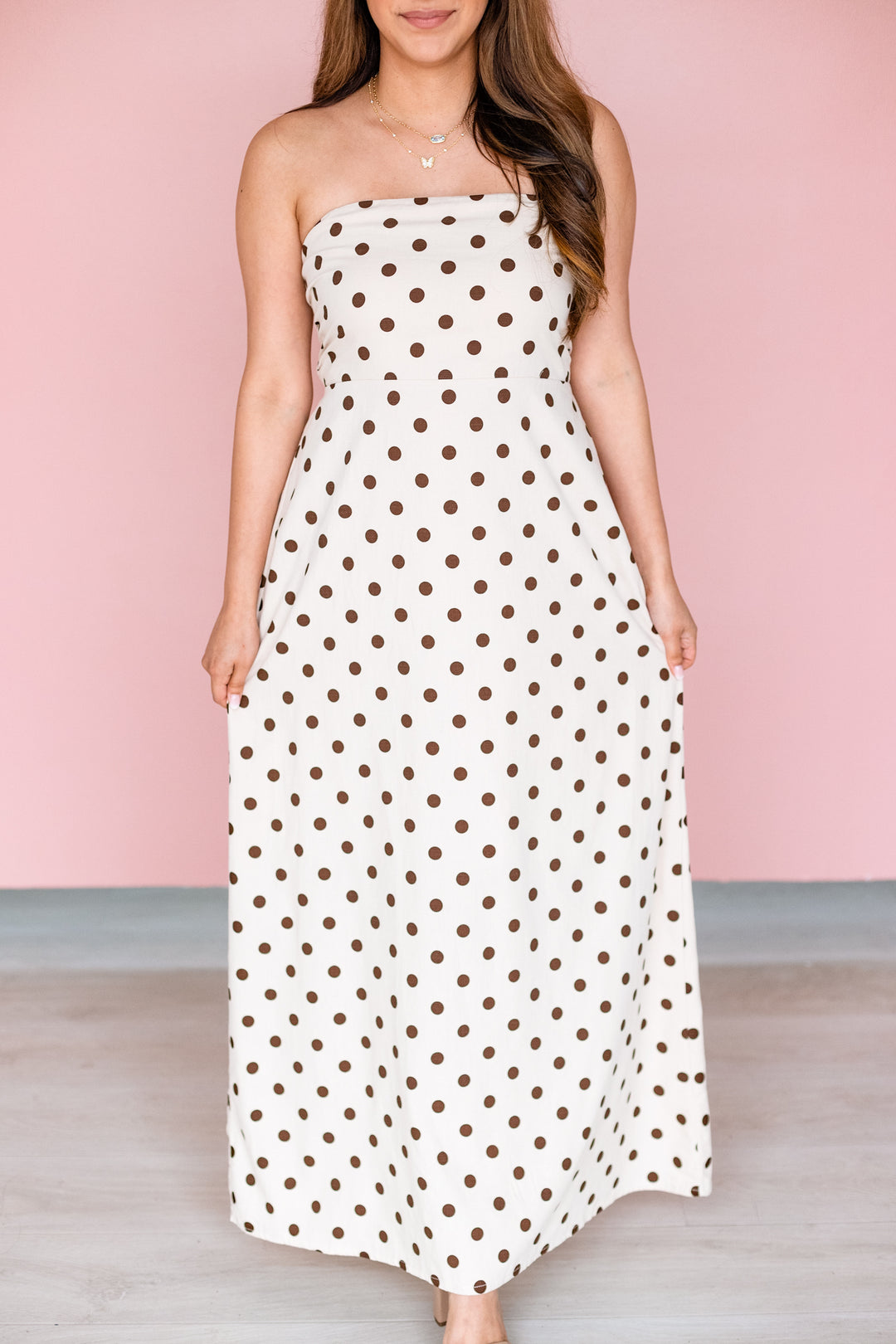 POLKA DOT STRAPLESS LINEN MAXI