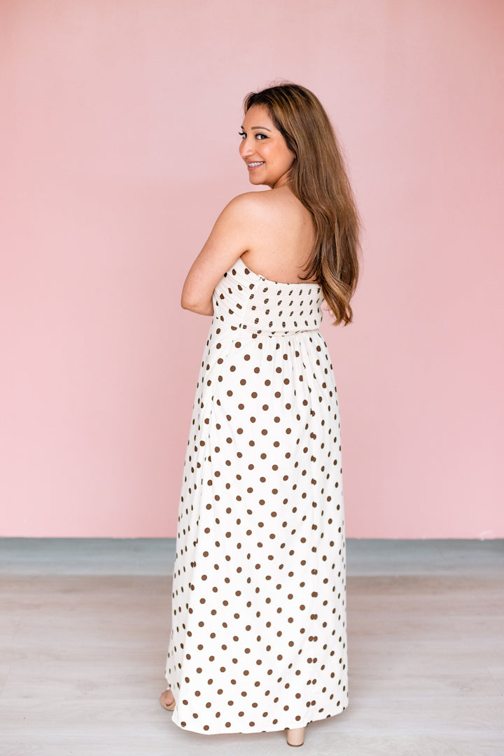 POLKA DOT STRAPLESS LINEN MAXI