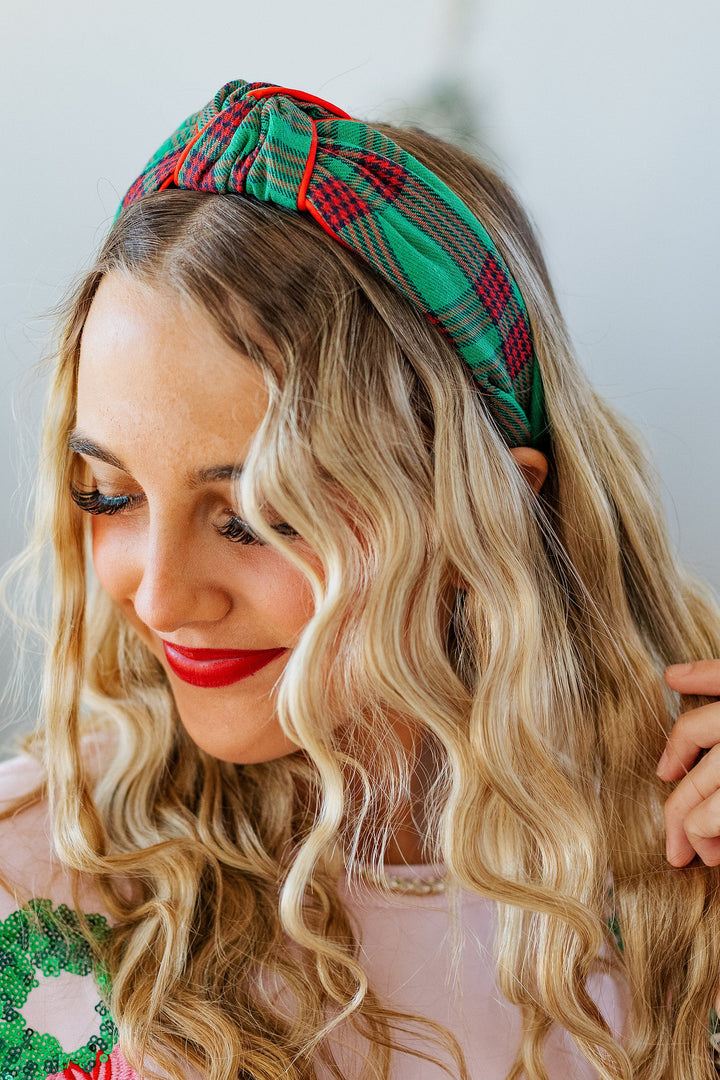 EMERALD KNOTTED PLAID HEADBAND