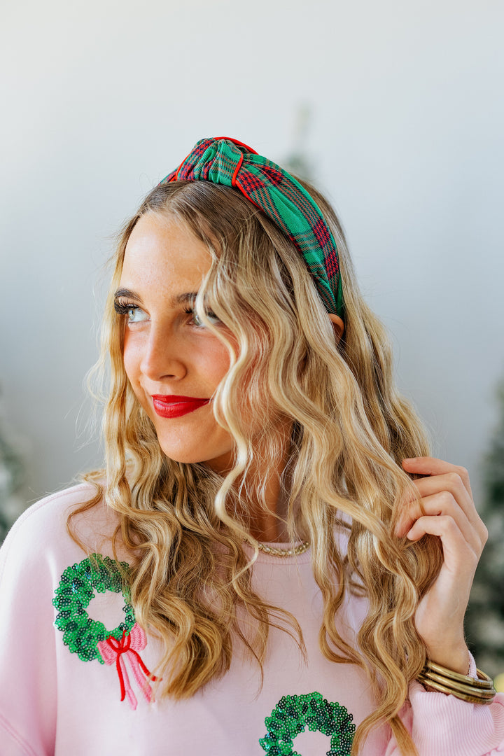 EMERALD KNOTTED PLAID HEADBAND