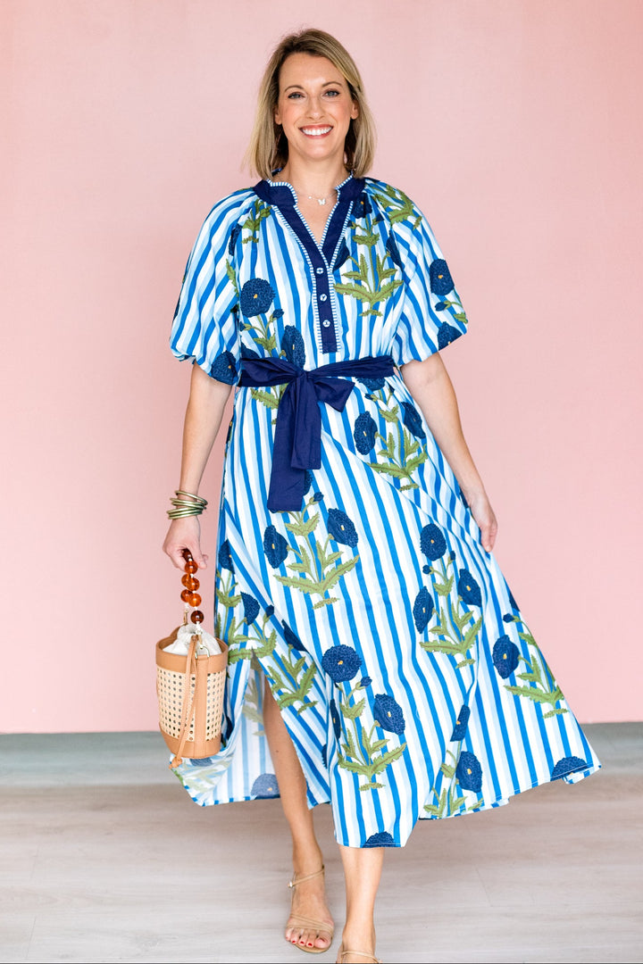 OCEAN FLORAL STRIPE MIDI DRESS