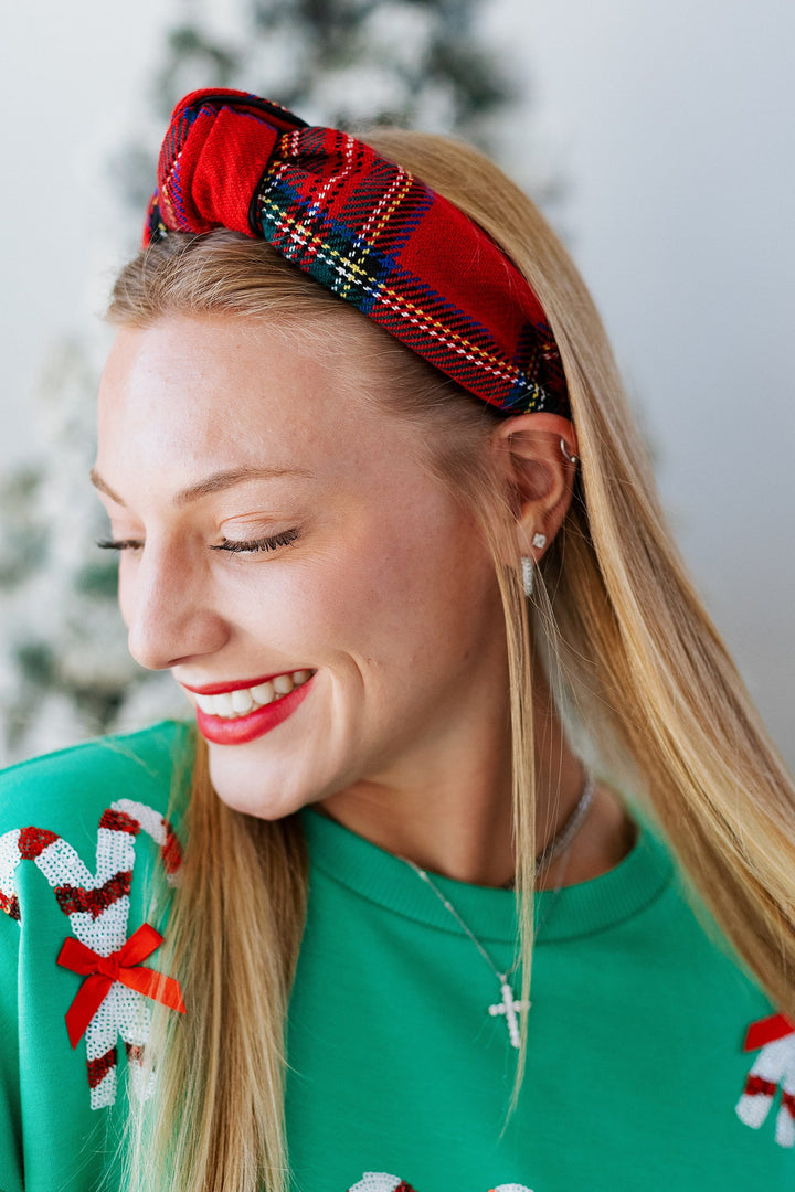 TARTAN KNOTTED HEADBAND- RED