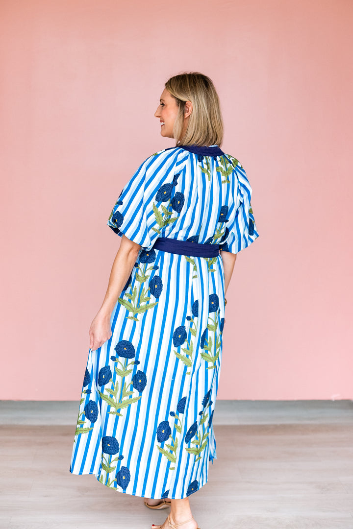 OCEAN FLORAL STRIPE MIDI DRESS