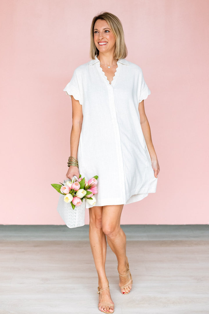 OATMEAL SCALLOP TRIM LINEN DRESS