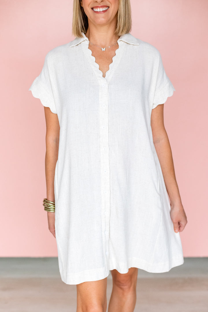 OATMEAL SCALLOP TRIM LINEN DRESS