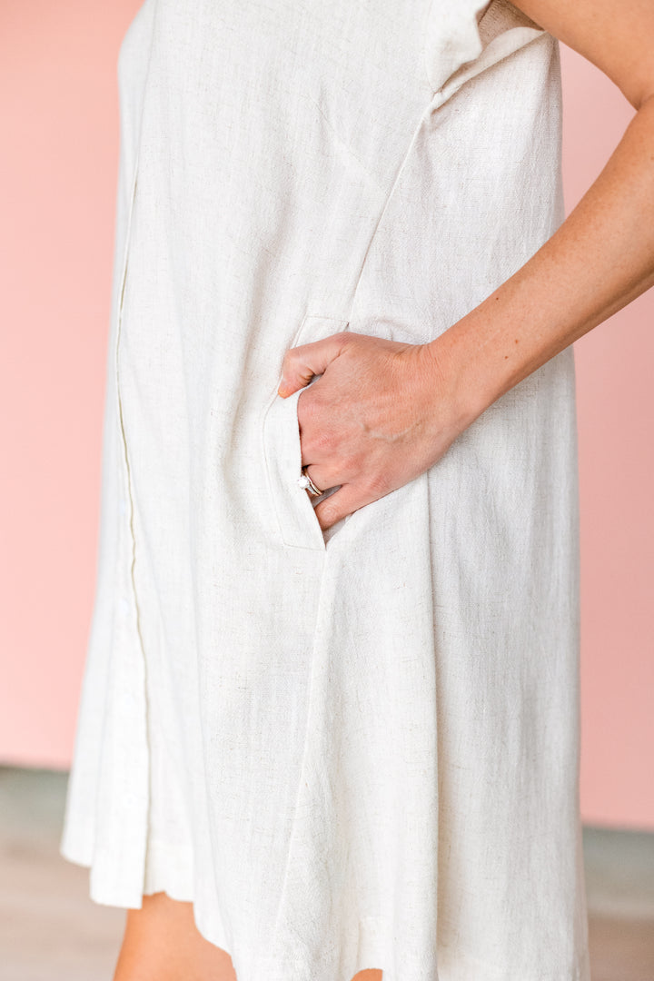 OATMEAL SCALLOP TRIM LINEN DRESS