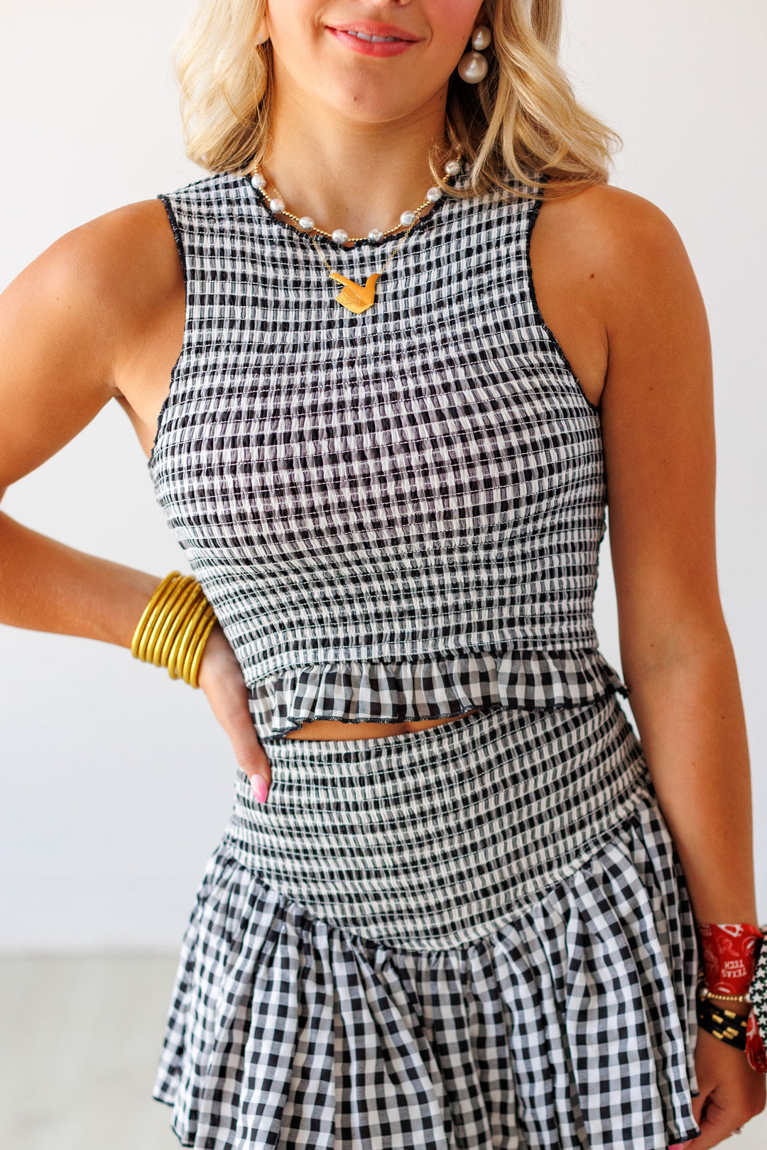 RUFFLED GINGHAM SMOCKED SKORT SET- BLACK