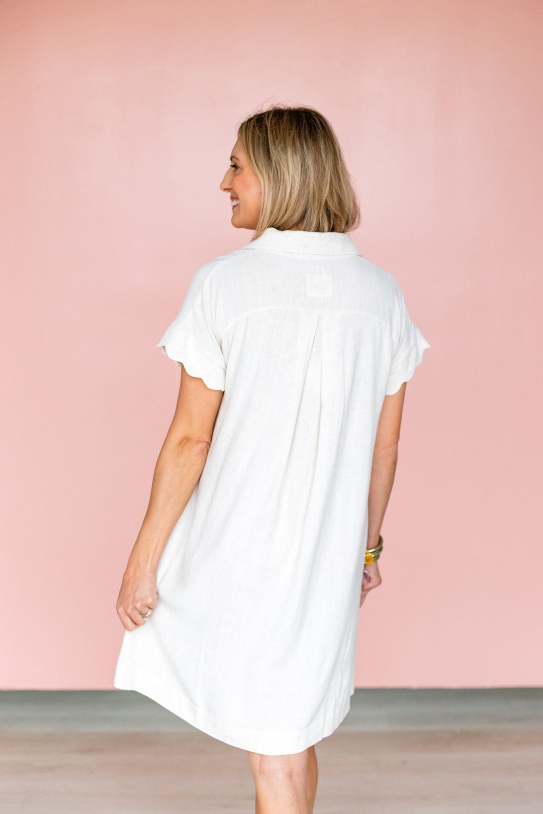 OATMEAL SCALLOP TRIM LINEN DRESS