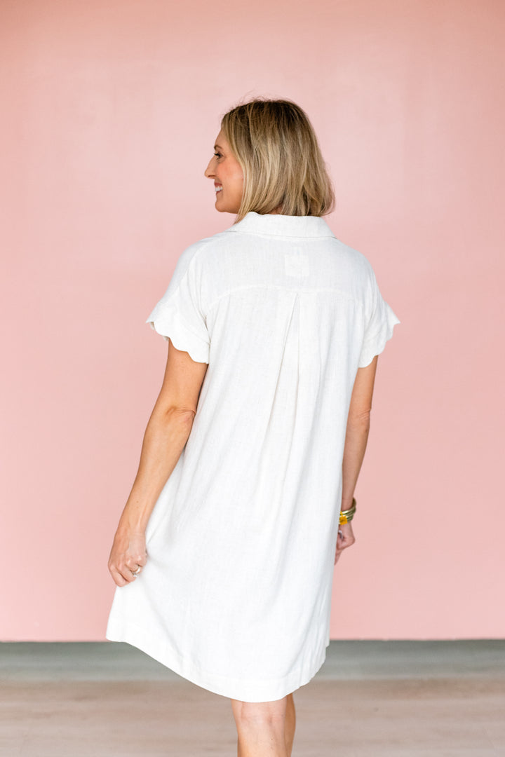OATMEAL SCALLOP TRIM LINEN DRESS