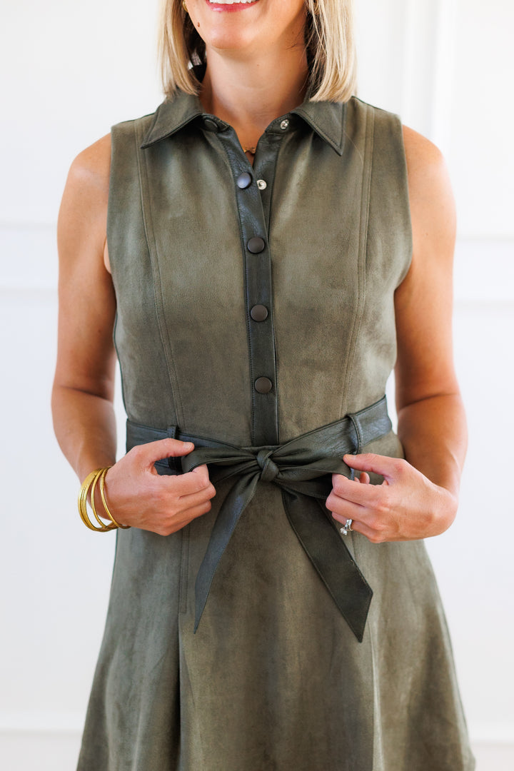 FAUX SUEDE BELTED DRESS - OLIVE
