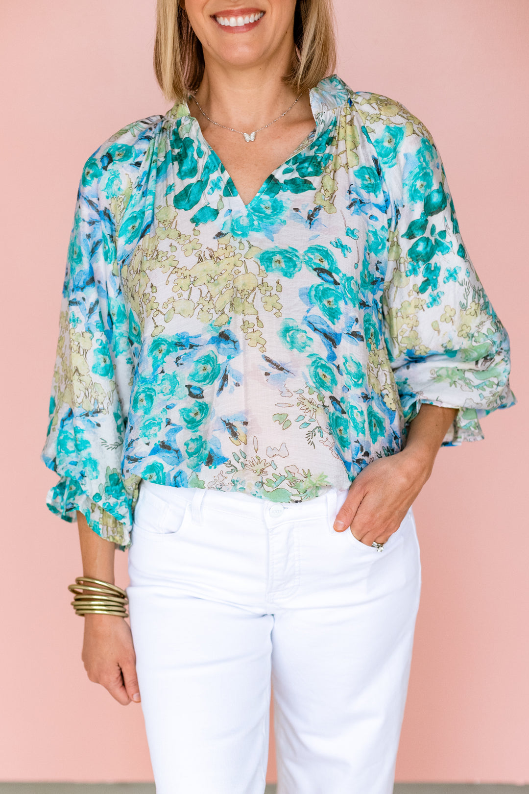 WATERCOLOR PRINT BLOUSE-GREEN