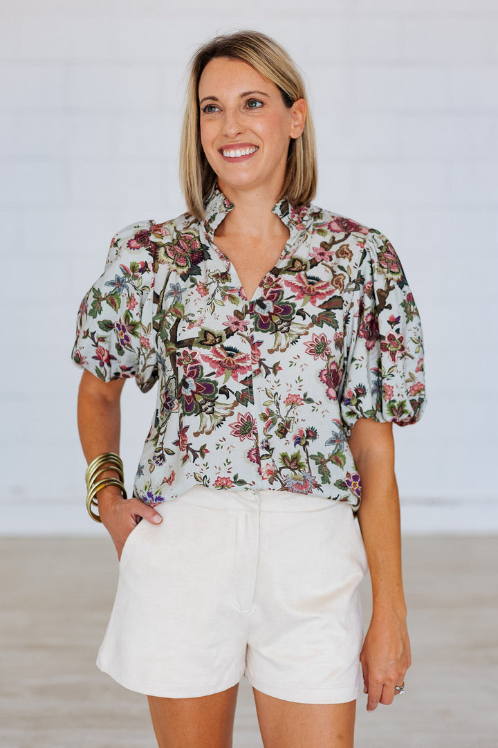 SAGE FLORALS PUFF SLEEVE TOP