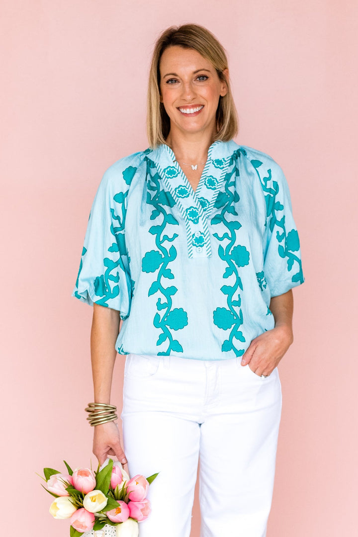 SHADES OF TEAL PRINT TOP