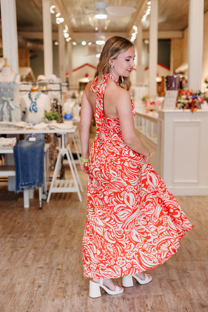 PAPAYA PRINTED HALTER NECK MAXI DRESS