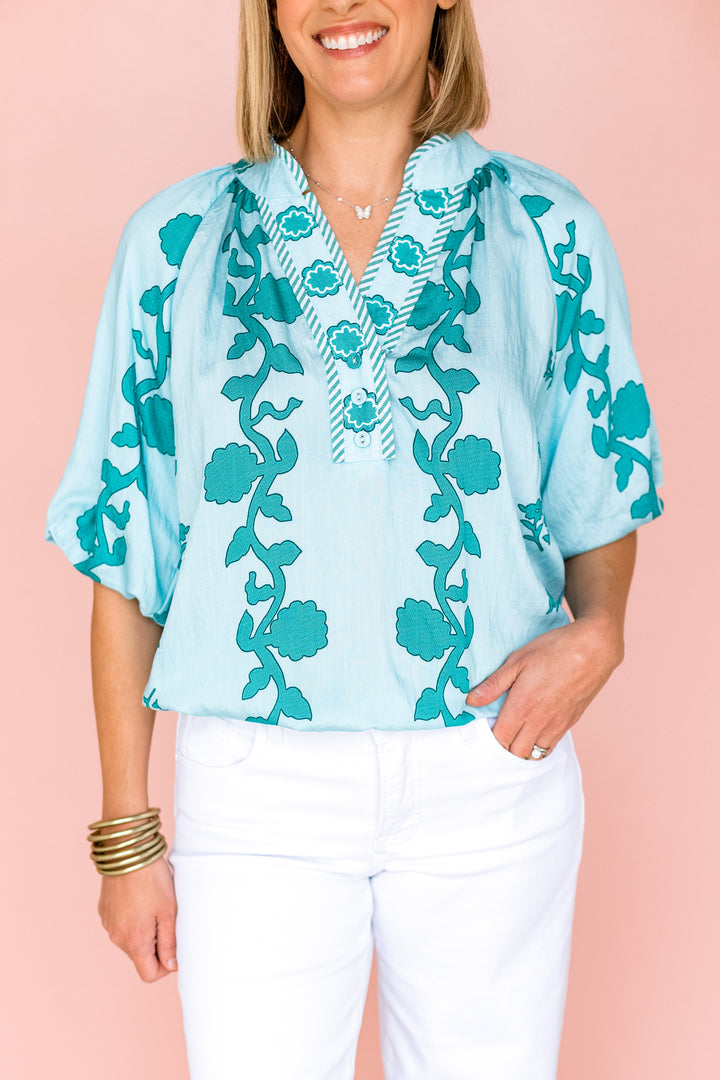 SHADES OF TEAL PRINT TOP
