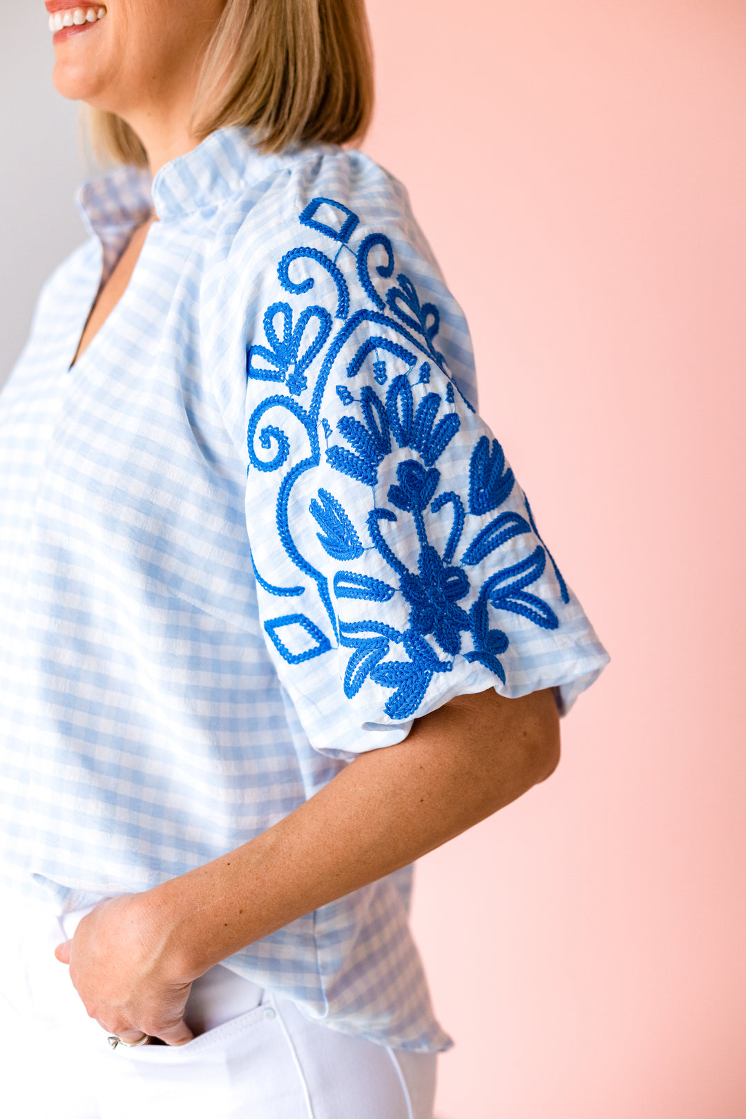 GINGHAM EMBROIDER SLEEVE TOP