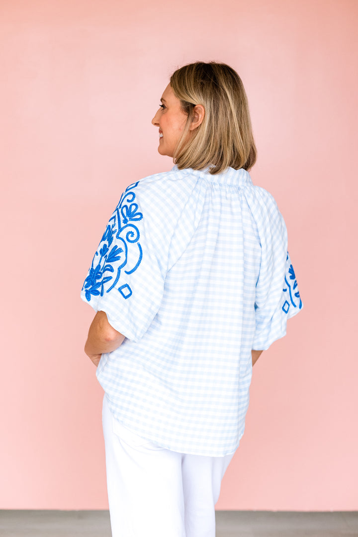 GINGHAM EMBROIDER SLEEVE TOP