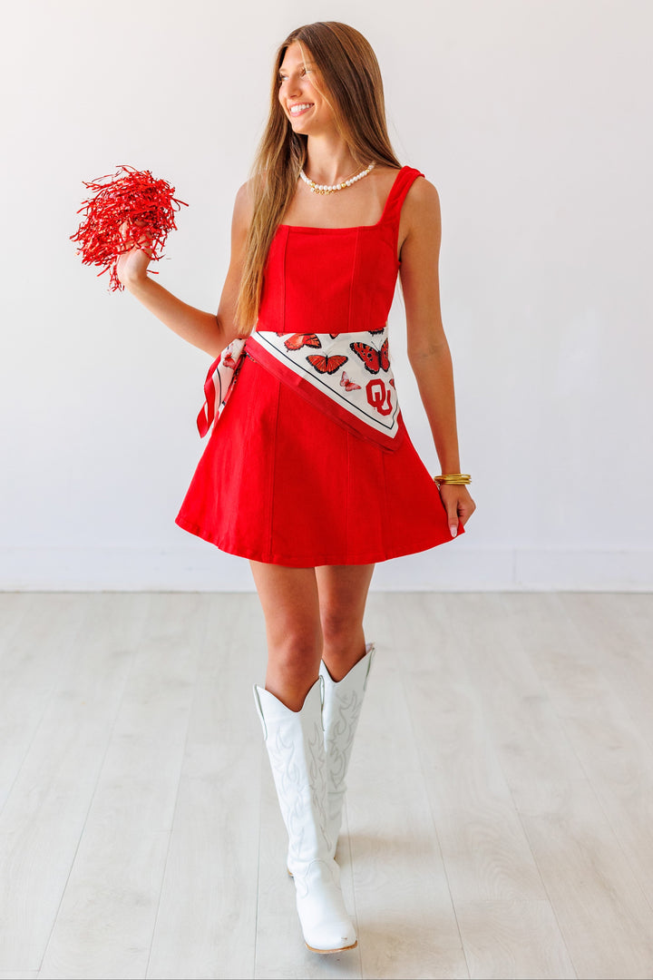 RED DENIM SQUARE NECK MINI DRESS