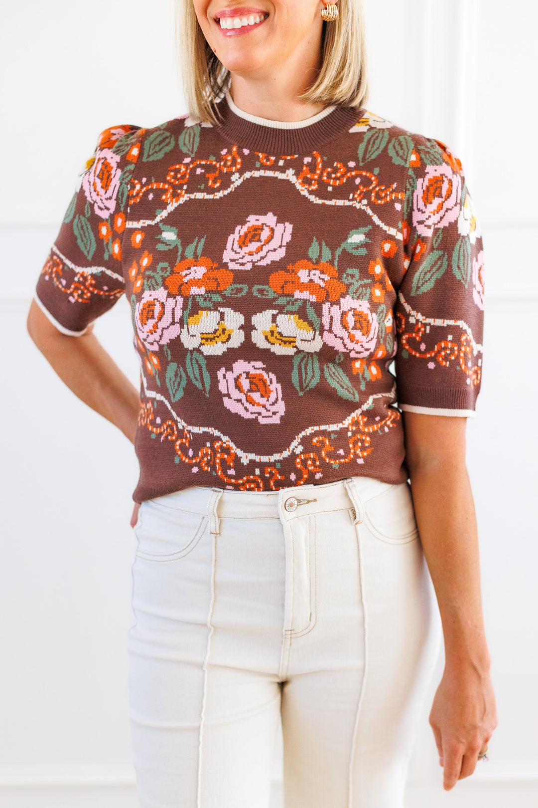 BROWN FLORAL KNIT TOP