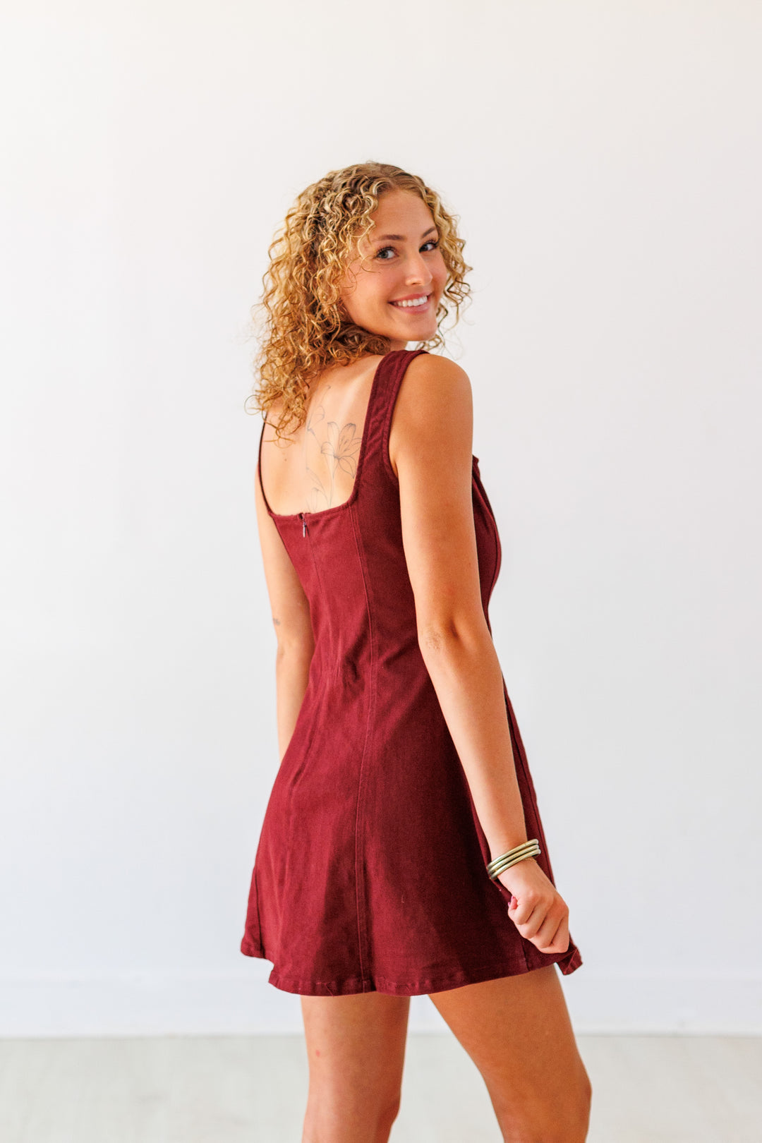 MAROON DENIM SQUARE NECK MINI DRESS